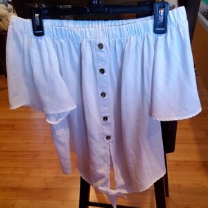 White Off-Shoulder Button-Down Top